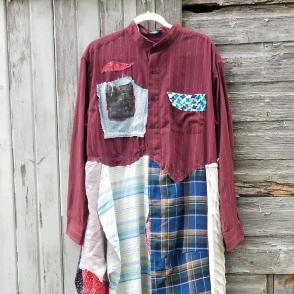 Boho Patchwork Plaid Shirt Dress Upcycled    - Picture 5 of 8